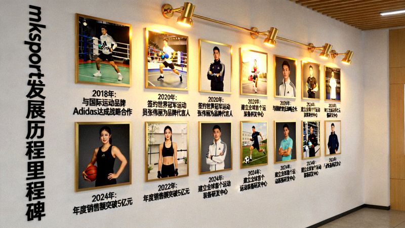 mksport发展历程里程碑展示墙，墙上挂着历年重要合作与成就的照片