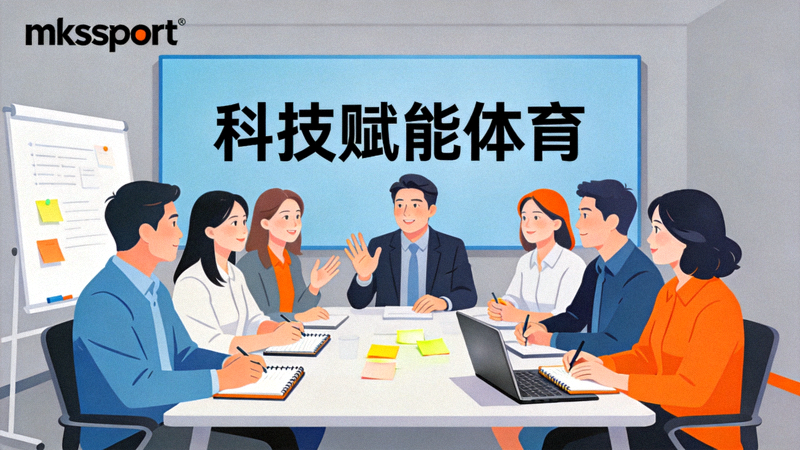 mksport团队会议场景，团队成员围绕'科技赋能体育'理念进行头脑风暴